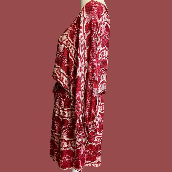 Parker 100% Silk Red Python Snakeskin Print Blouson Sleeve Belted Mini Dress M - Picture 6 of 14